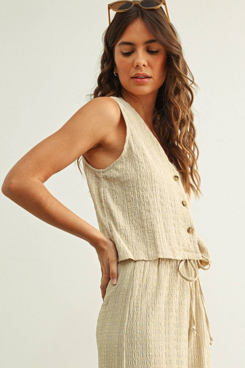 The Capri Crinkle Button Top